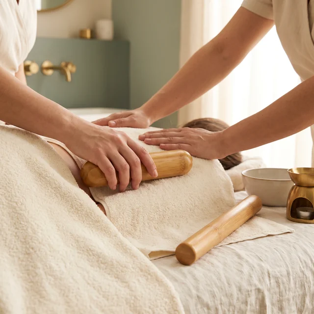 Smooth bamboo rollers used for a back massage