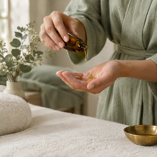 Aromatic massage oil prepared in the therapist’s hands