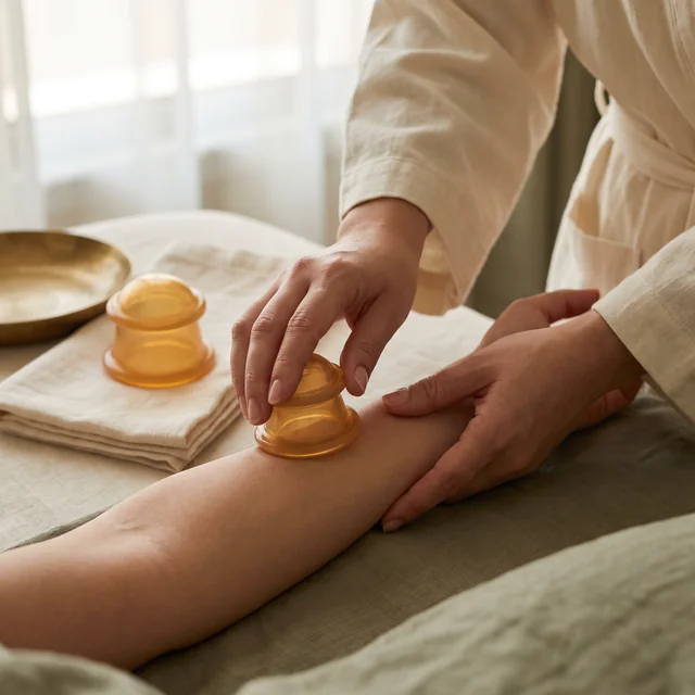 A soft silicone massage cup gliding along a forearm
