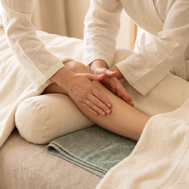 Light rhythmic lymphatic massage along the lower leg