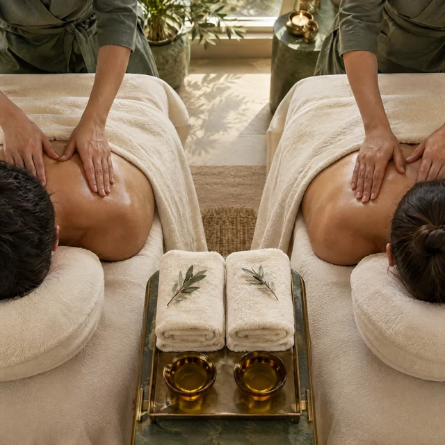 Coordinated massage for two with folded finishing towels