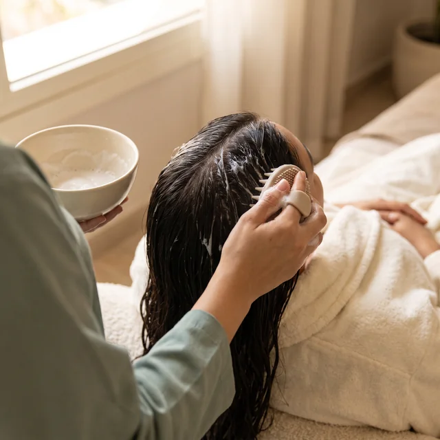 Scalp cleansing with a soft brush through wet hair