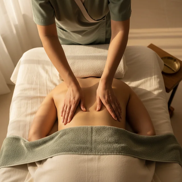 Flowing hand massage on a towel-draped upper back