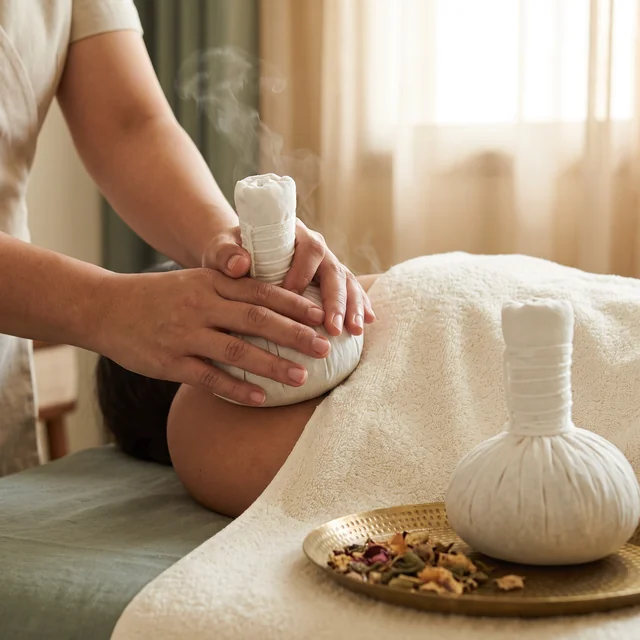 White cloth herbal compresses used for shoulder care